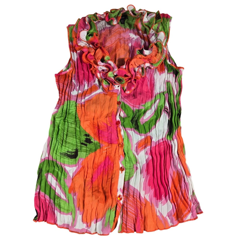 Piano Floral Crinkle Ruffle Sleeveless Blouse Pink Orange Green Medium